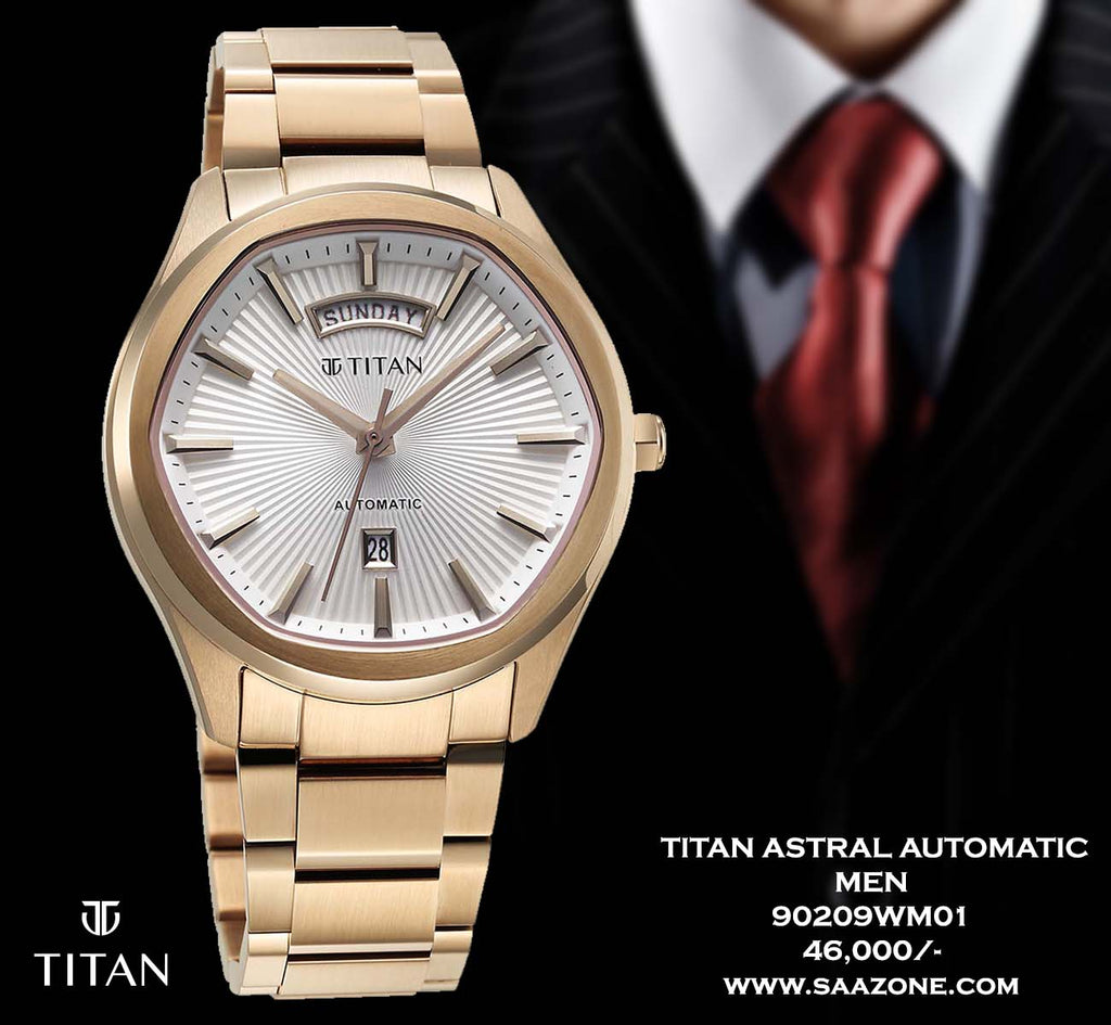 Titan Astral Concealed Automatic Analog with Silver White Dial Carnation Gold Stainless Steel Strap Watch for Men 90209WM01