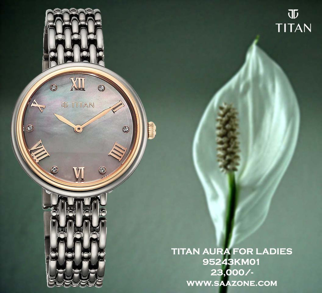 Titan Aura Quartz Analog Titanium Mother of Pearl Dial Titanium Stainless Steel Strap Watch for Women 95243KM01