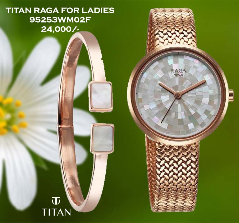 Titan Raga Memoirs Quartz Analog Mother Of Pearl Round Dial Rose Gold Metal Strap Watch For Women 95253WM02F