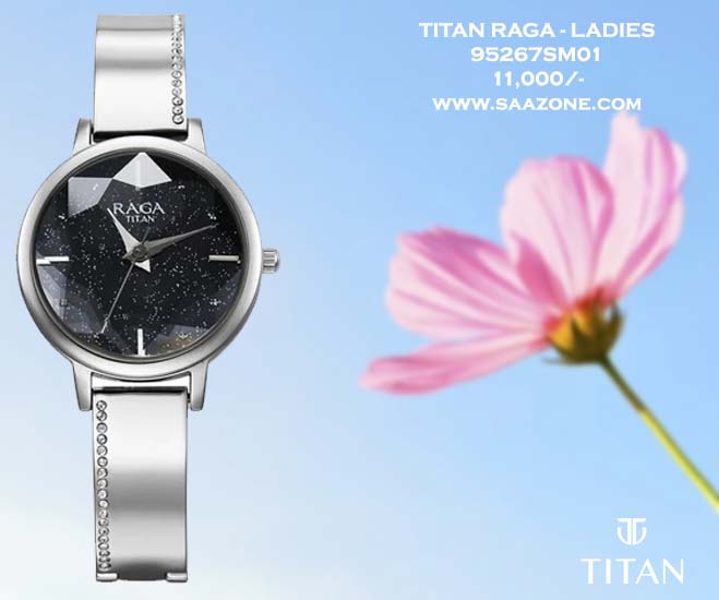 Titan Raga Showstopper Quartz Analog Blue Dial Silver Metal Strap Watch For Women 95267SM01