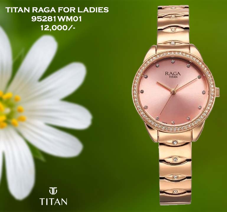 Titan Raga Showstopper Quartz Analog Pink Round Dial Rose Gold Metal Strap Watch For Women 95281WM01
